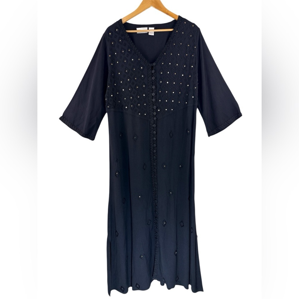 Soft Surroundings Black Embroidered Maxi Dress LP Boho Moroccan Sequin Resort